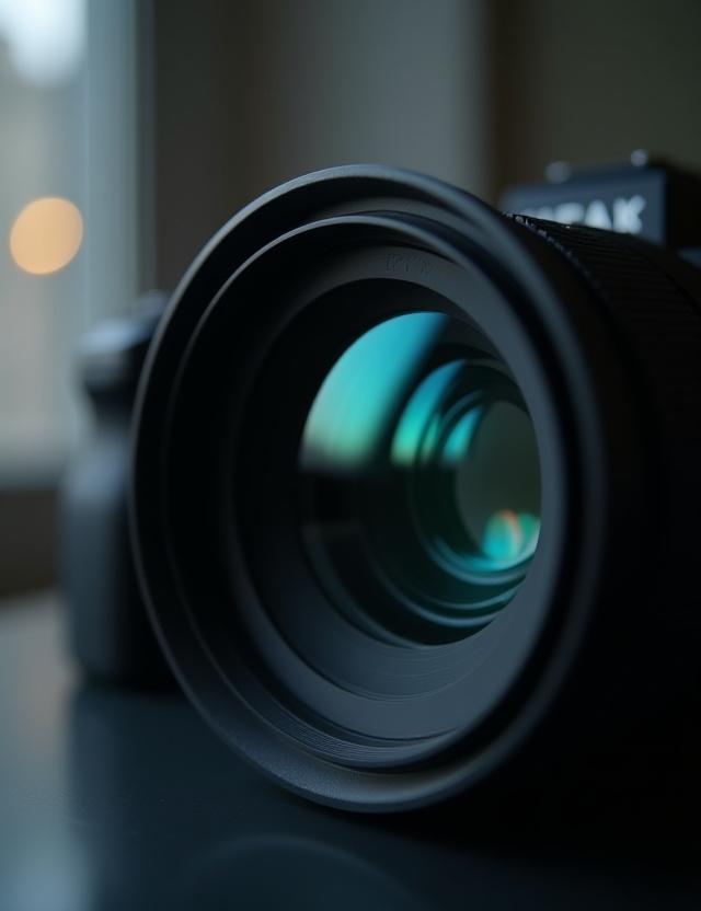 Close up of a high-end camera lens showing reflections of a New York studio